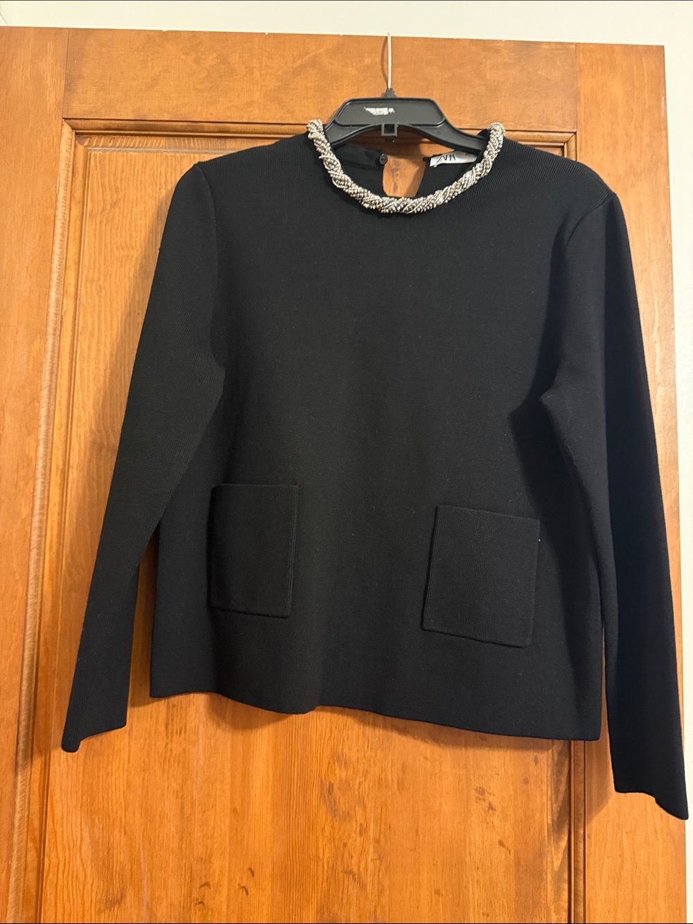 Zara Black Long-Sleeve Top with Braided Neck Detail